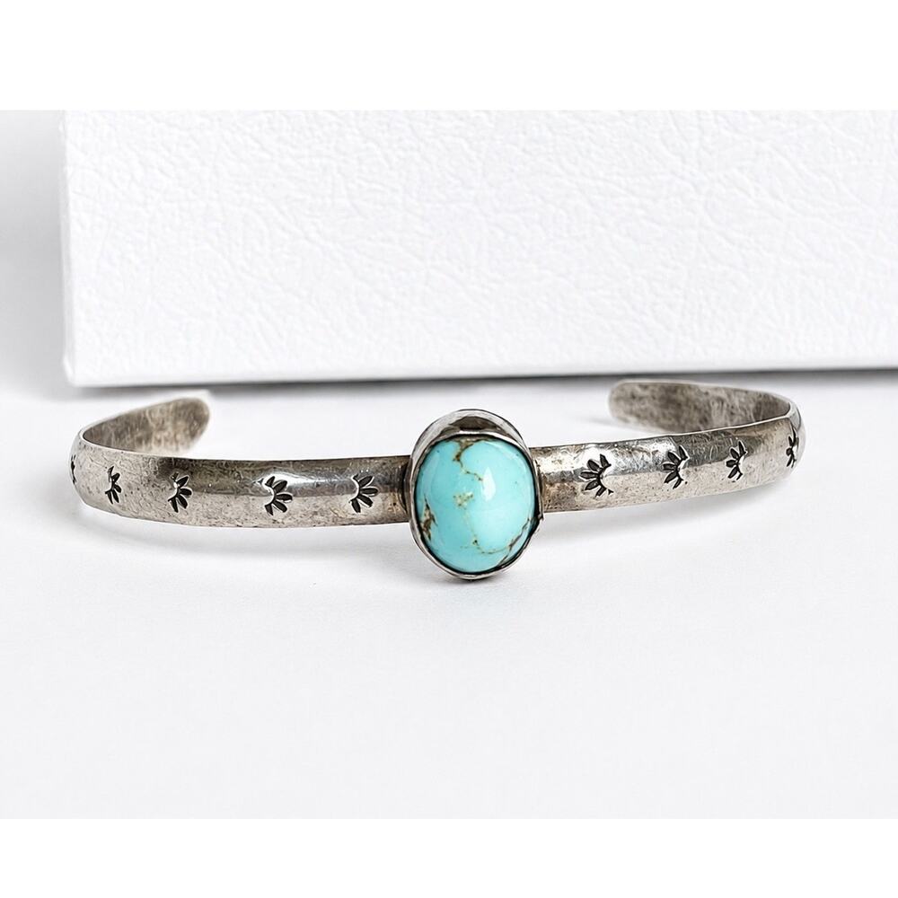 Navajo Sterling Silver Turquoise Cuff Bracelet Petite Stamped Skinny Stacker VTG